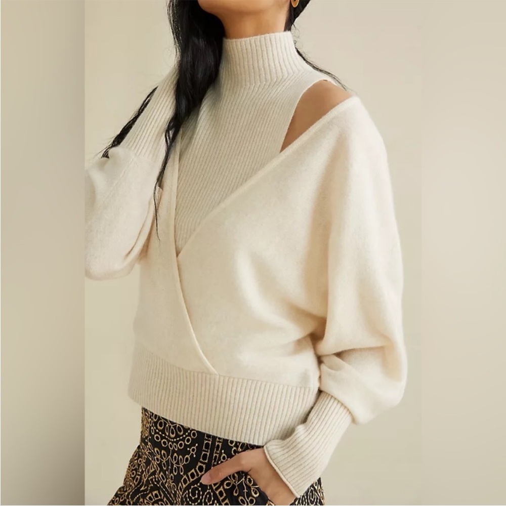 Anthropologie Maeve Women Cashmere Cream Wrap Sweater Large Vanilla Luxury Cozy